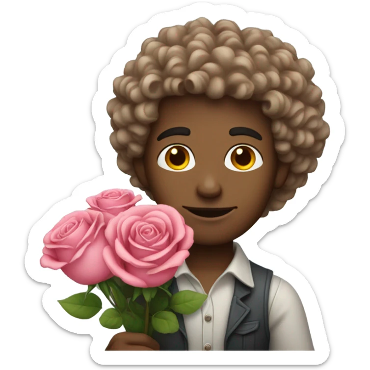White man with curly hair carrying a bouquet of roses sticker
