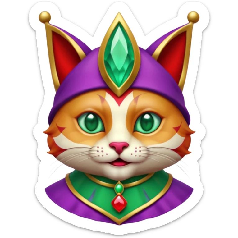 crazy colorful cute little cat jolly joker from poker, medieval, vintage, court jester, mac os icon, purple, gold and red color, half body, emerald green ice eyes. Squared shape as 3D mac os icon, symmetrical sticker