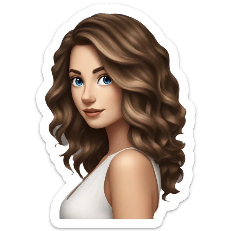 White girl blue eyes with medium length voluminous brown hair with brown highlights balayage spa sticker