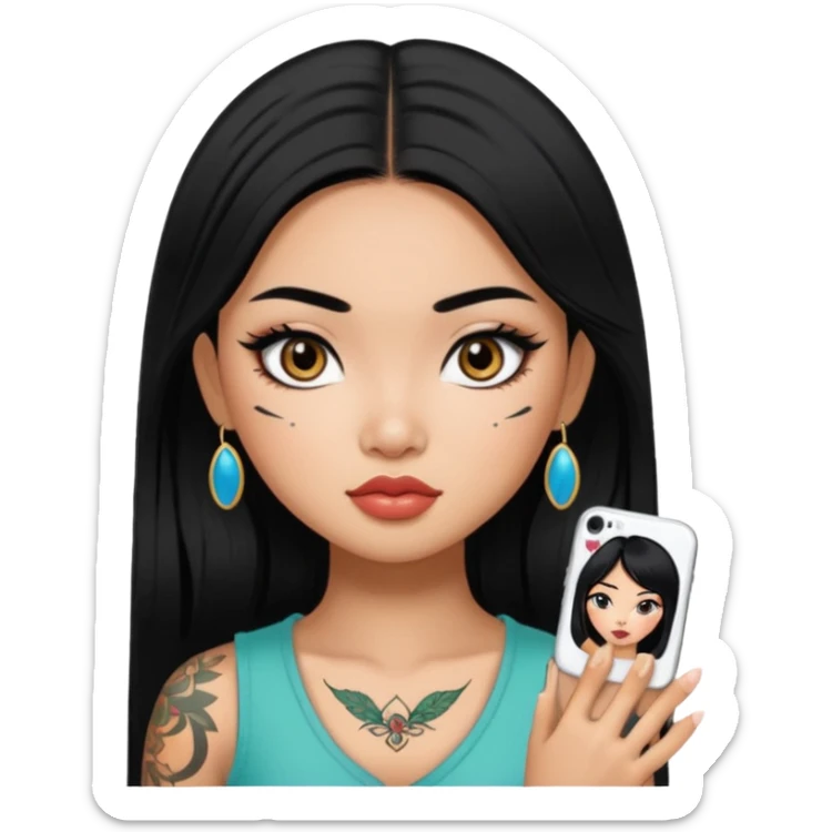 Vietnamese asian beauty, with 1 small tattoo , pretty bratz baddie, black eyeliner, black hair sticker