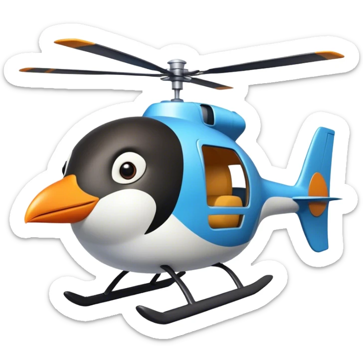a penguin flying a home made helicopter in the style of a children's illustration sticker