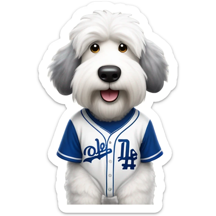 Old English Sheepdog full height wearing a Los Angeles dodgers baseball jersey sticker