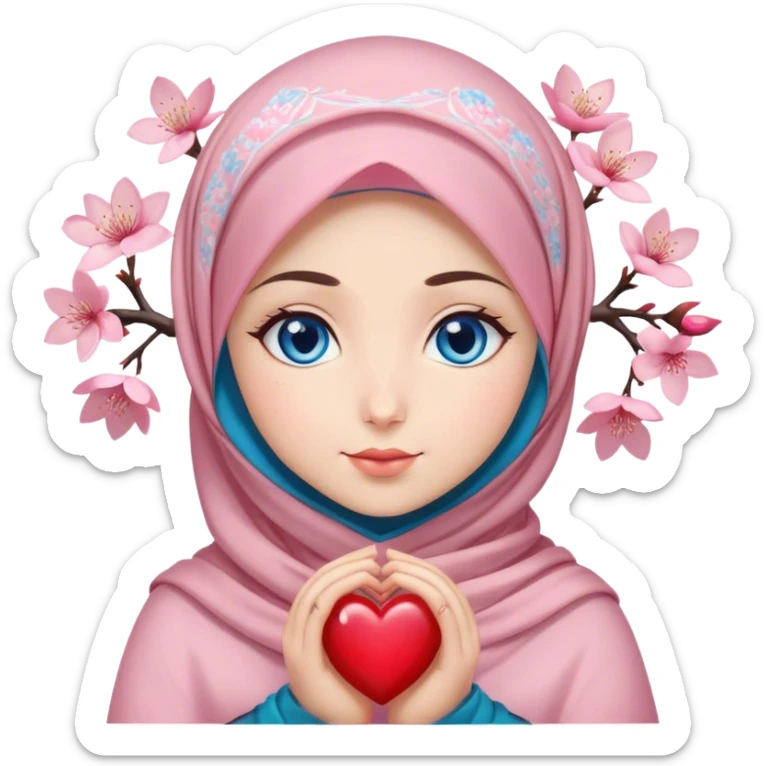 Turkish beautiful finish Konya girl blue eyes with cherry blossom flower design hijab and hold heart in her hand  sticker