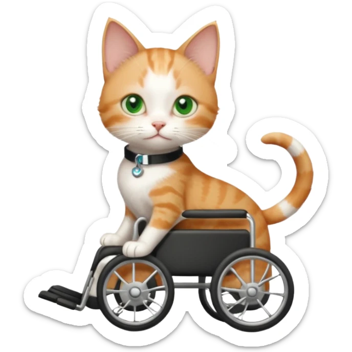 full body small short hair ginger and white cat with green eyes walking in a wheelchair for cats sticker