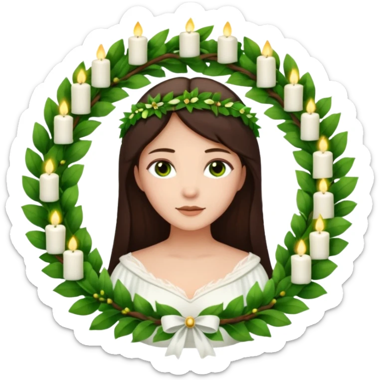  saint lucia with dark brown hair with a white gown and a wreath made from greenery with candles on top of the wreath sticker