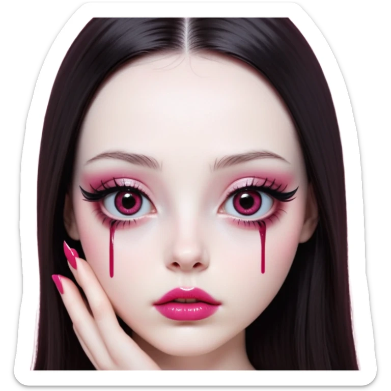 girl with white skin, dark brown long realistic straight hair with middle part prominently falling in front of her body over her shoulders, lips with reddish-pink shiny lip gloss and absolutely no cupid's bow, big round eyes with very black shiny eyeballs and natural long eyelashes, absolutely no eye makeup, no eyeshadow, no eyeliner, completely bare eyes, light pink blush on cheeks, lighter button nose, exceptionally elongated very long oval-shaped face, wearing a pink off-shoulder top, looking directly at camera with hands down at sides sticker