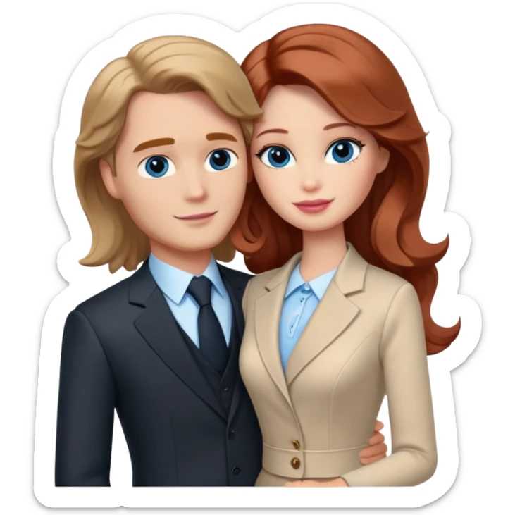 Barbie girl  , eyes blue , Chestnut red long wavy hair In pale beige clothes, Hugs a man with pale brown hair short haircut, brown eyes , and a black suit sticker