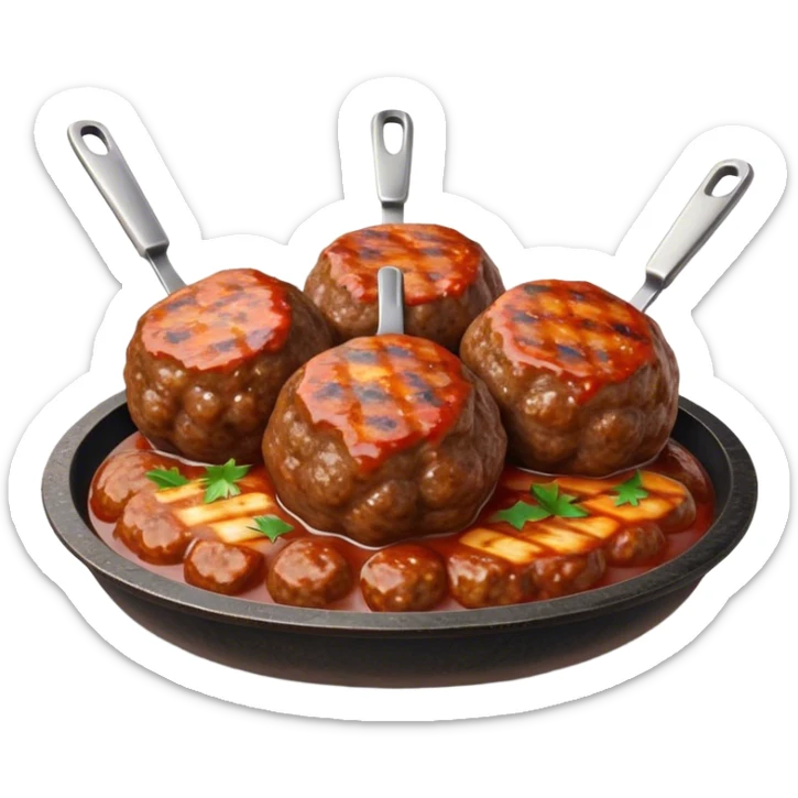 Cinematic Realistic Kofte Dish Emoji, depicted as seasoned, grilled meatballs with a charred exterior rendered with lifelike textures and robust, appetizing lighting. sticker