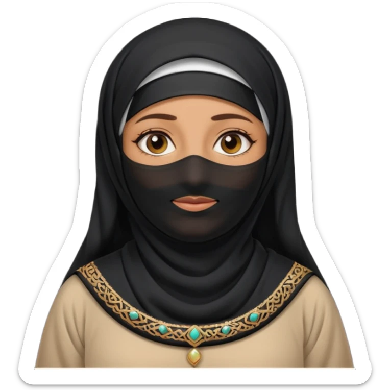 an old emirati women wearing traditional cloths covers her face with burg'a a;; the cloths and burqa'a are black no accessories UAE vibes sticker