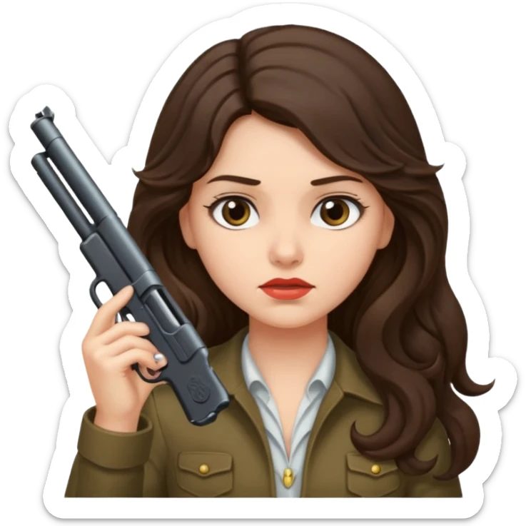 A brunette with long wavy hair girl who is about to kill herself with a littlr gun pointed at her temple sticker