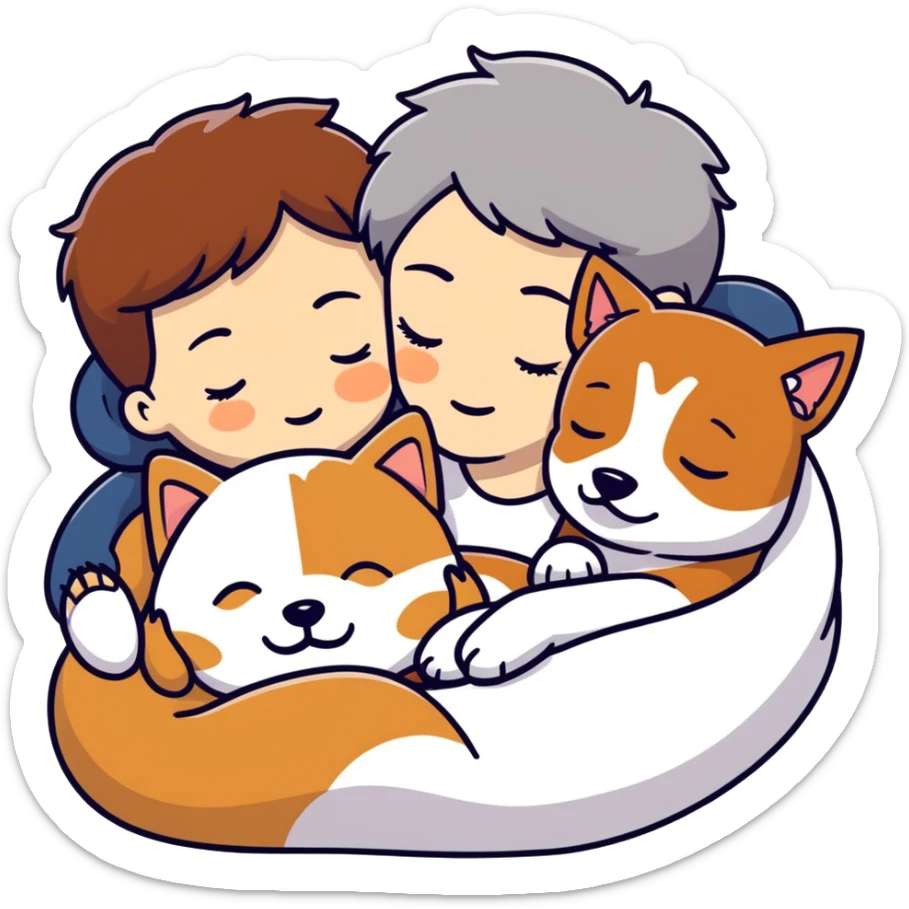 Create a short hair gray hair girl and a brown hair boy sleeping cuddling with a shiba and a Yorkshire terrier and a jack Russel terrier  sticker