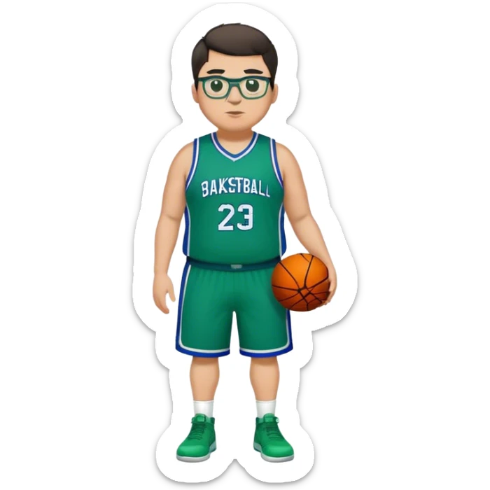 Full Body plus size white male with dark short hair basketball player wearing glasses wearing blue green uniform sticker