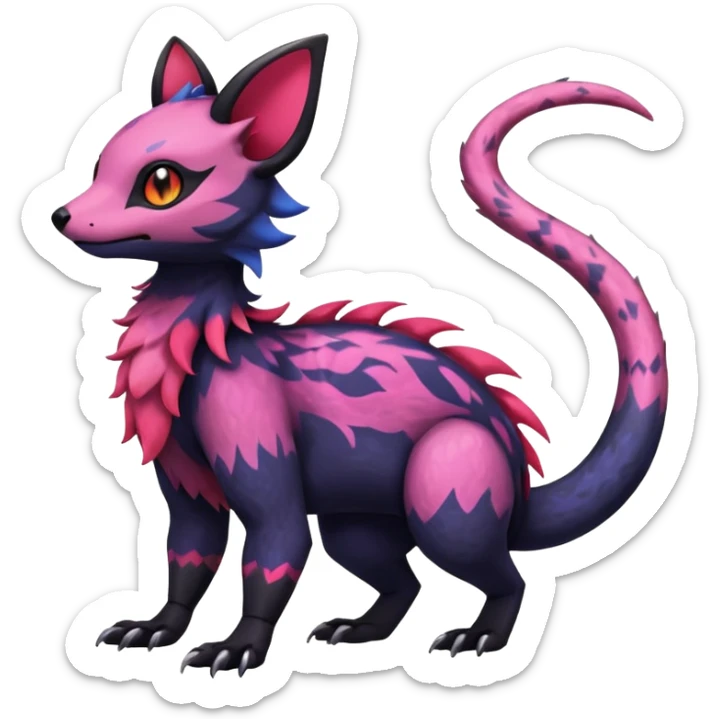 Rare epic aesthetic colorful Salandit-Noibat-Eevee-Civet-species-Fakemon-hybrid-creature, with markings, full body sticker