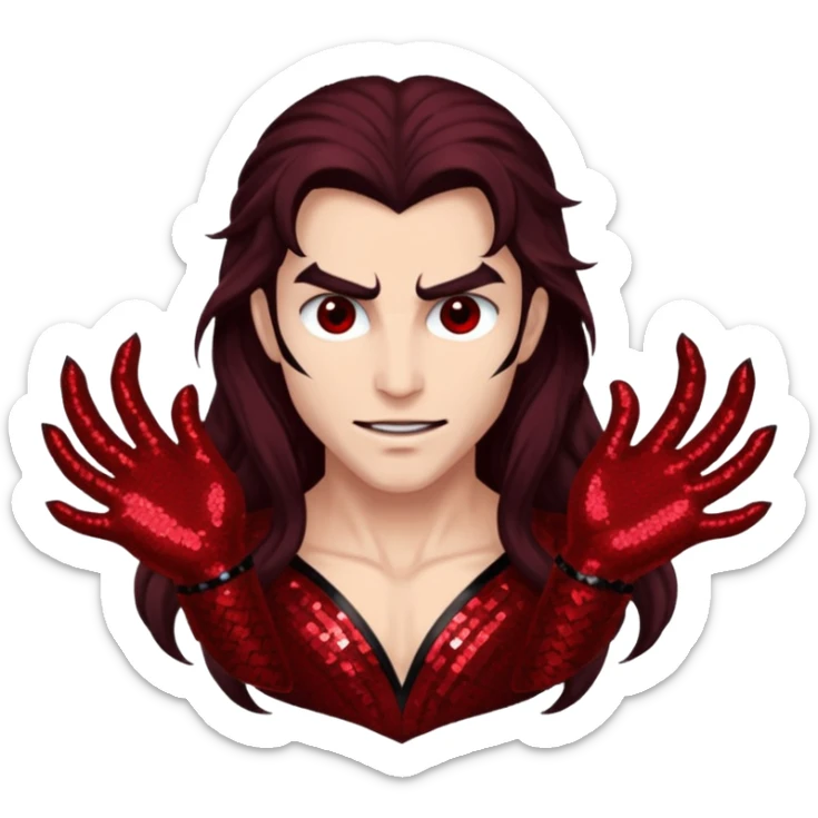 Samael, Venom of God from Gods and Goddesses with long dark brown hair, dark red sequin outfit sticker