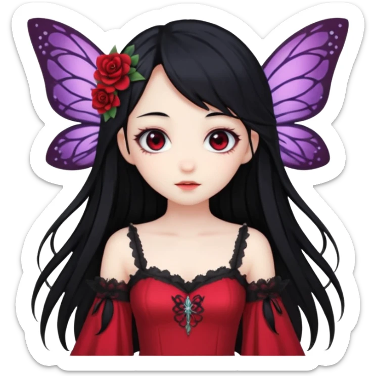 Gothic anime fairy with long beautiful black hair and red dress, pastelcore, sticker