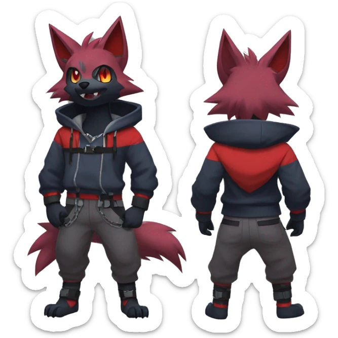 Cool Edgy Zorua-Zoroark-Mightyena with a collar and hoodie-sweater and harness on, full body sticker