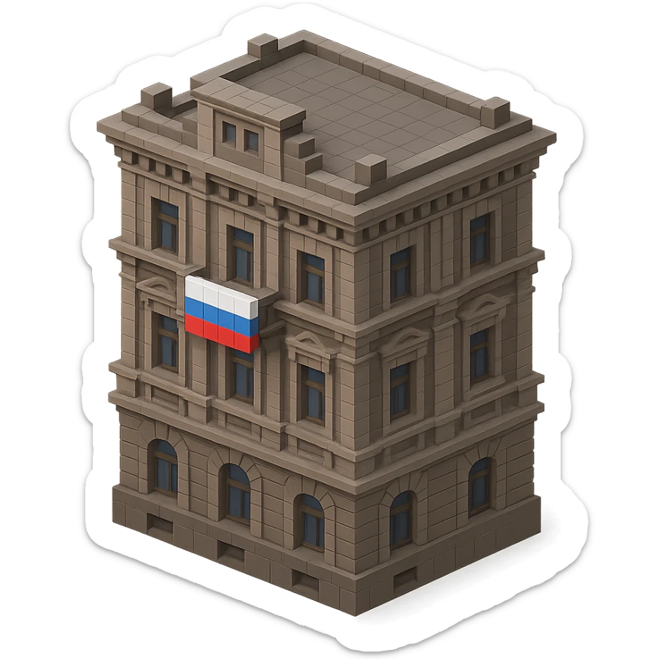 old Saint Petersburg building in voxel style, gray-brown tones, ornate facade, Russian flag draped over a balcony, isometric view sticker