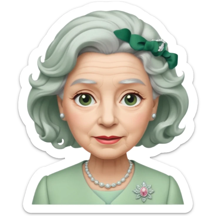 Queen Elizabeth with grey hair and waves in pastel green clothes sticker