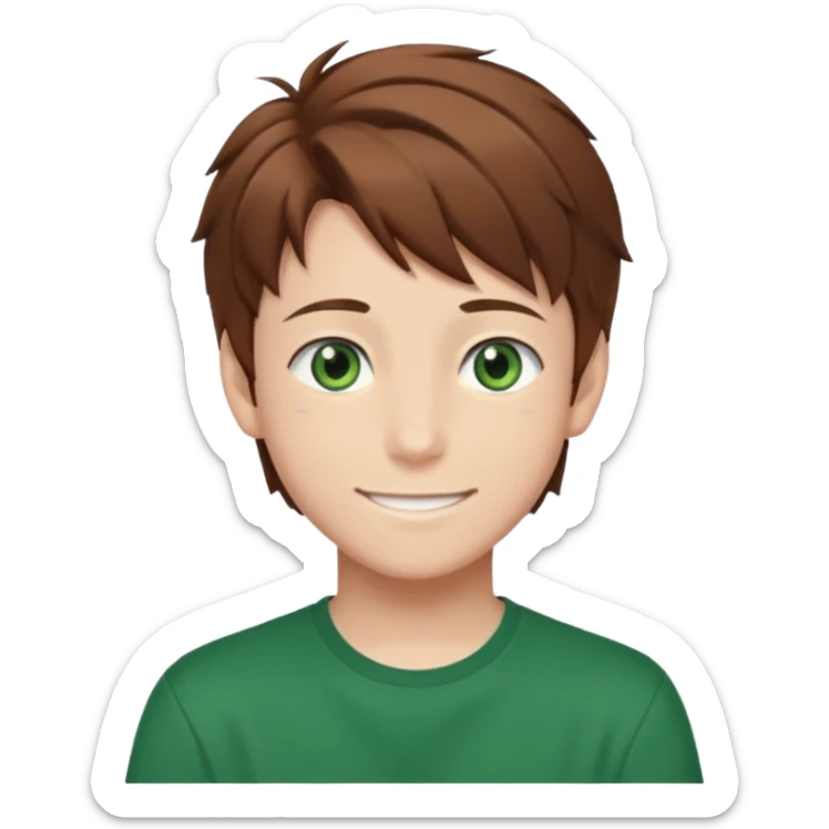 the face of an Anime teen boy with brown hair, green eyes, looking smiling slightly sideways positioned. Face must be main filling of the emoji.  128px sticker