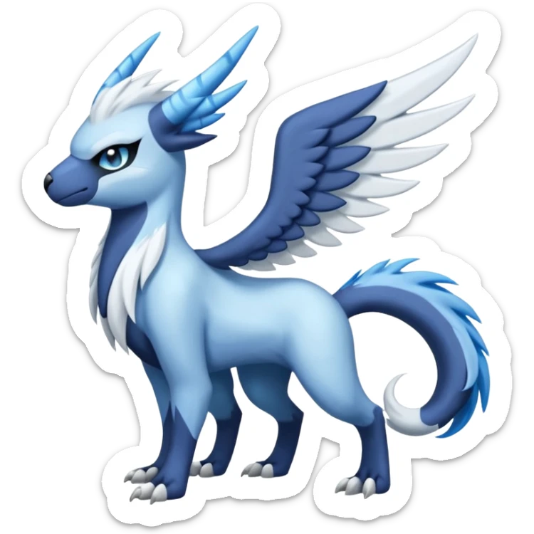 Icy Arctic Frost-Blue Pale-Shimmering Snow-Dusted Majestic Absol-Nargacuga-Meloetta-Latias-fusion-creature (full body) sticker