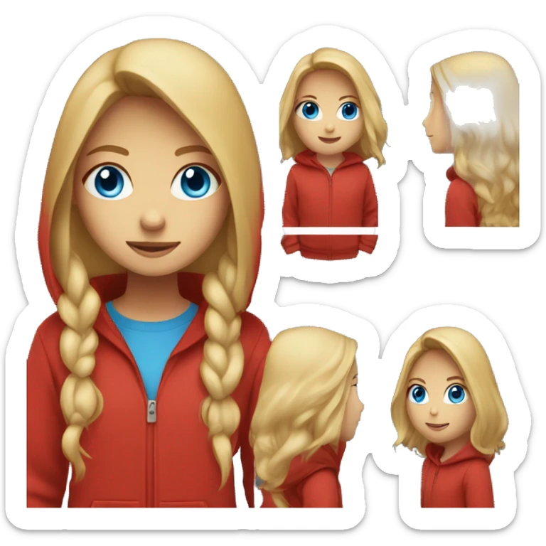 Girl with blue eyes and long blonde hair wearing a red hoodie sticker