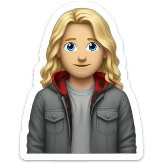 long haired blond guy, blue eyes, wearing a grey hoodie zip up with a red and black flannel under the jacket sticker