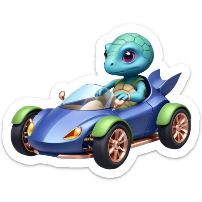 dark crystal blueberry and rosegold-accented cyber faceted-body electric racing car driven by a small cute alien relaxed turtle with rear spoiler, roll bar, and wheely bar sticker