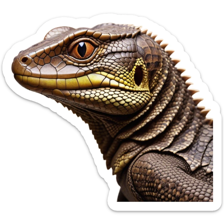 Cinematic Noble brown camo monitor Lizard Portrait Emoji, Poised and regal, with a robust, scaled body exhibiting striking, mottled patterns and piercing, alert eyes, Simplified yet sharp and sophisticated features, highly detailed, glowing with a soft, earthy glow, high shine, intelligent and formidable, stylized with an air of ancient wilderness, focused and commanding, soft glowing outline, capturing the essence of a watchful and confident reptilian guardian that appears ready to stride out of the screen with effortless authority! sticker