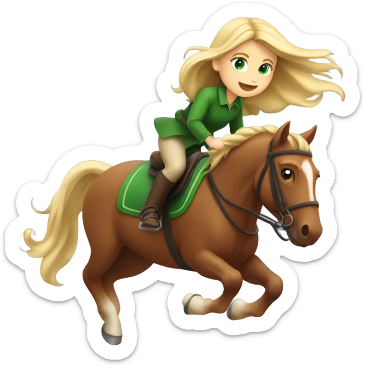 Girl with long blonde hair and green eyes on brown borse which is jumping  sticker