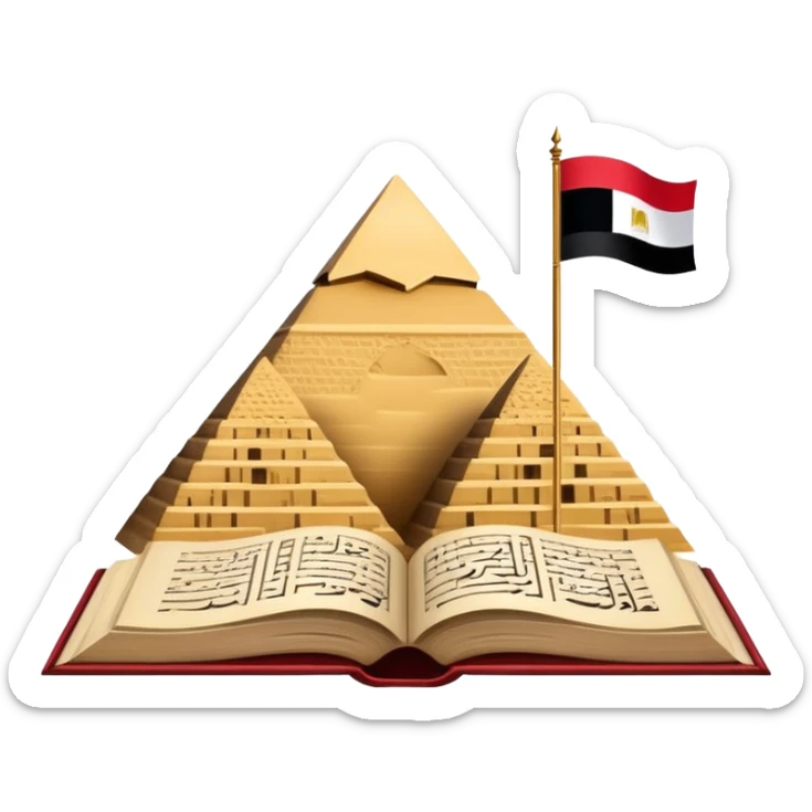 An icon featuring the Pyramids of Giza and the flag of an Arabic-speaking country, symbolizing the Arabic language. The design includes an open book with Arabic script and calligraphy, representing language learning and cultural heritage. Transparent background sticker