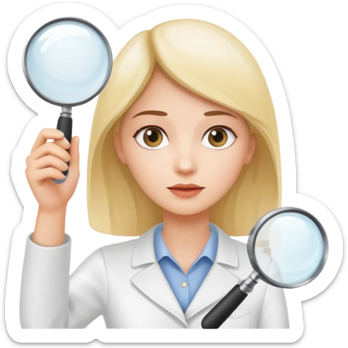 emoji of white empty shelf in perspective view with a woman nearby, she is looking at the shelfs with a magnifying glass sticker