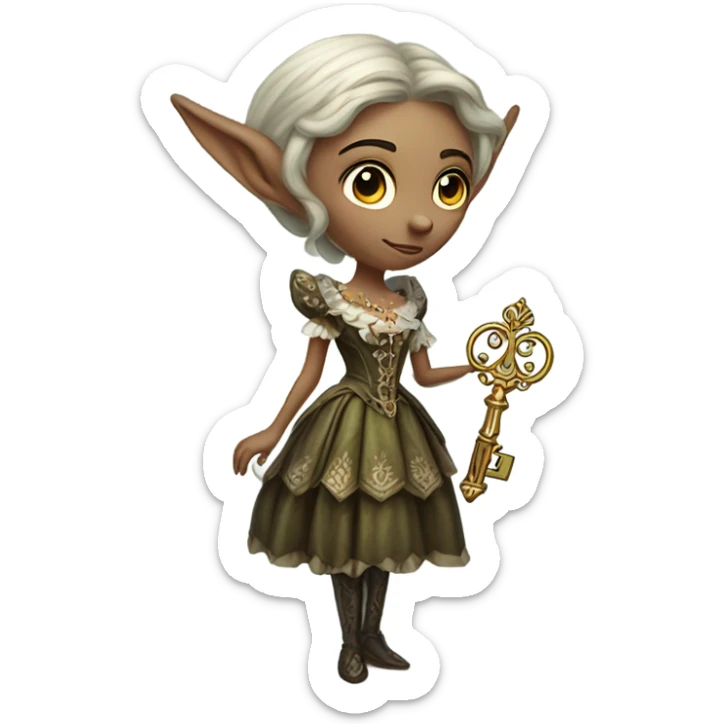 an elf woman login holding a big key in Victorian dress,  full body  sticker