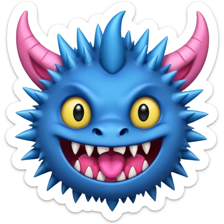 A blue monster with two small black horns, spiky fur, large round yellow eyes, a wide grin showing sharp teeth, and its tongue playfully sticking out to the side. sticker