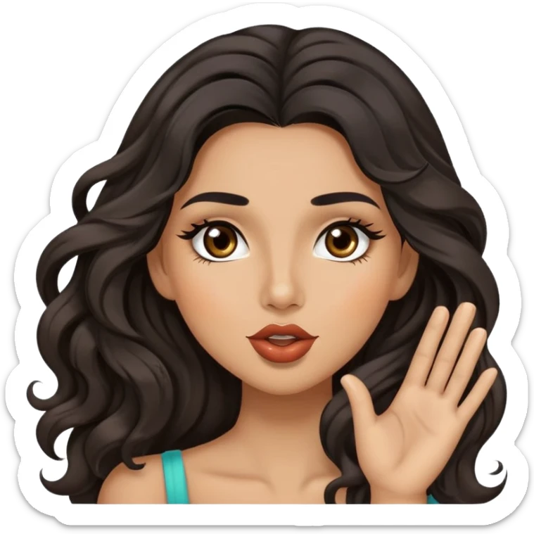 woman with olive skin, brown eyes and long lashes, and long black wavy hair blowing a kiss sticker