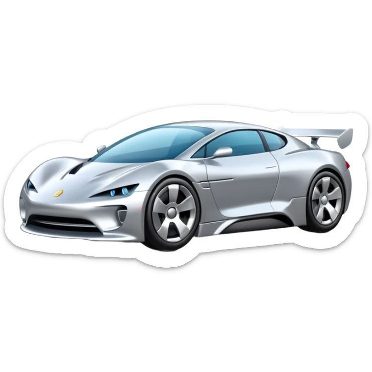 A low-profile futuristic car emoji made of polished silver chrome, wide body stance, smooth aerodynamic shape, glossy metallic surface, soft reflections, luxury swag aesthetic, minimal details, iOS emoji style, centered on clean white background, studio lighting sticker