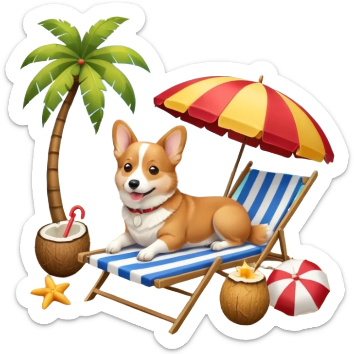 a corgi dog laied on a beach chair, a sunny beach, a sun umbrella, and beach coconut trees. the icon should capture the essence of a relaxing beach vacation with a carefree atmosphere sticker