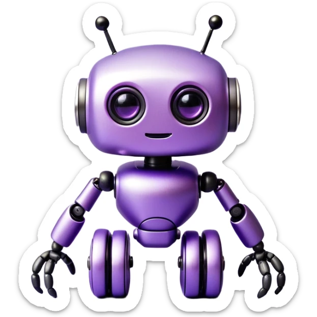 A small, kawaii-style robot inspired by the form of a minimalist machine. The robot is compact, purple-colored (lavender and metallic violet tones), with soft rounded features and a cute face with big shiny eyes. It has flexible, jointed arms and legs like adjustable rods, with black rubber “feet” and a subtle metallic frame. A coiled wire sticks out playfully like a tail. The robot is smiling or winking, radiating friendly and cheeky energy. Overall, it looks like a mix between a gadget, a helper bot, and a collectible mascot. Style: pastel emoji aesthetic, suitable for Instagram. sticker