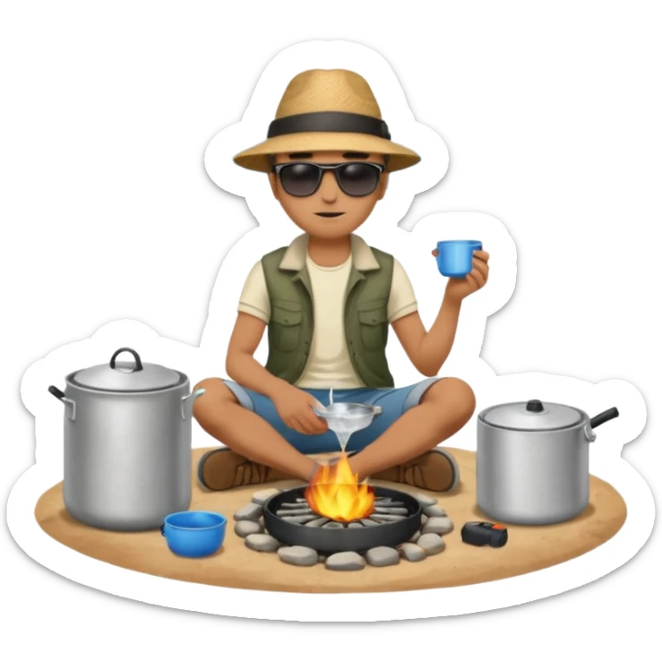 A man camper boiling water on a portable stove, enjoying the outdoor breeze sitting on the ground
 sticker