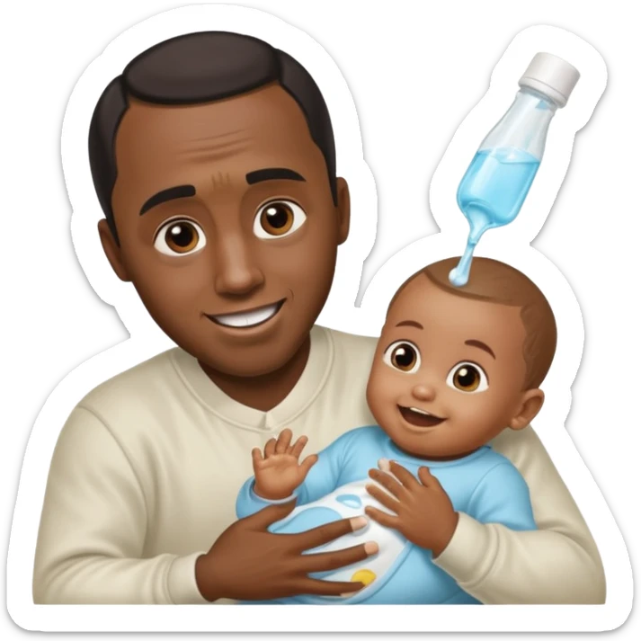Sean “Diddy” Combs with baby oil and a very small infant and he’s pouring the baby oil on the baby and they have a scared face they’re really scared while diddy is happy sticker