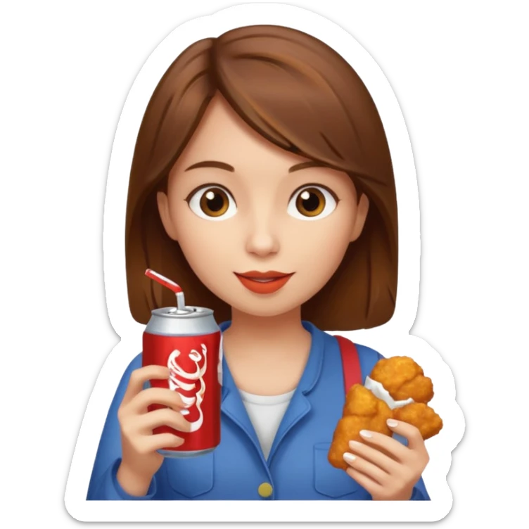 brown hair girl eating with mouth on the chicken nugget and holding a soda can sticker