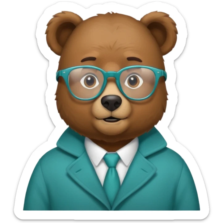 Un oso pardo con un abrigo ( color azul verdoso)y lentes sticker