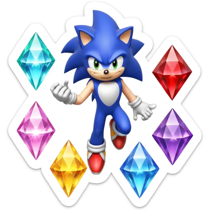 I want Sonic the hedgehog with the 7 chaos emeralds and the Goku aura transformation, where is the super Sonic aura Is a power 7 diamonds, red, blue, yellow, green, white, cyan and purple sticker