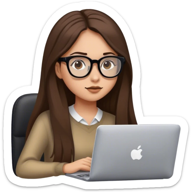 ragazza con capelli castani lunghi, occhiali neri, carnagione chiara, occhi castani, che naviga su Internet con il pc sticker