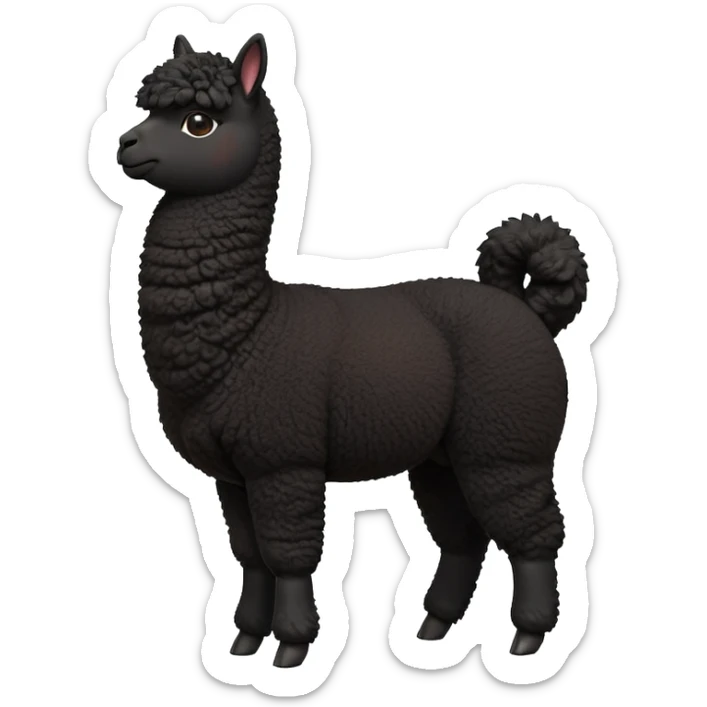 cinematic-[black alpaca]-realistic-full-body-standing-emoji,-tail-flicking-lazily,-head-tilted-dramatically,-curly-[black]-coat,-simplified-yet-realistic-focused-features,-highly-detailed,-glowing-with-an-almost-sarcastic-glow sticker