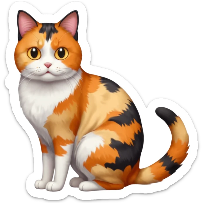 full body colourful calico cat with skinny head and fat body with an anxious face sticker