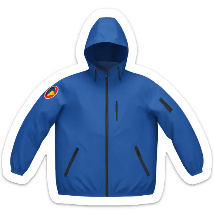 a waterproof K-Way jacket totally in blue royal marine color with hood and the central zip colored with this exact colors hex codes: #1C2747 #EC6E05 #F6DF12, just the object itself sticker