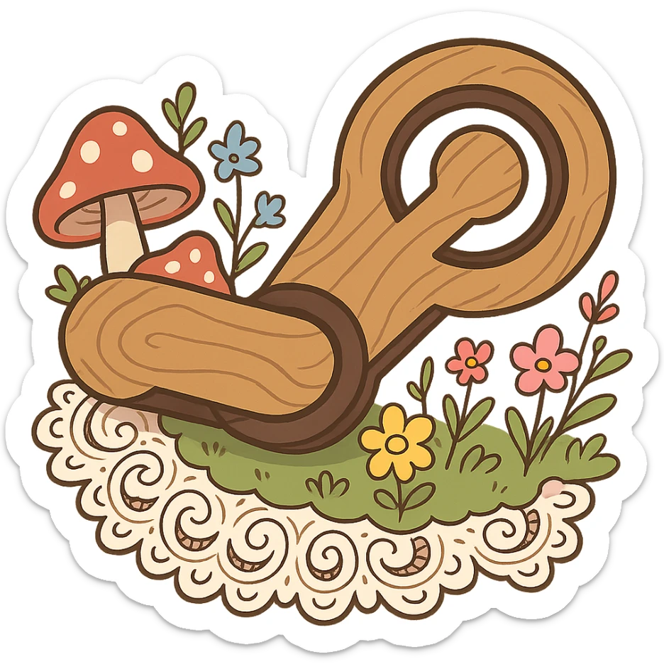 exaggerated cartoon cottagecore Steam logo made of thick rounded wood, huge lace trim, cartoon mushrooms, pastel wildflowers, whimsical fun, no text sticker
