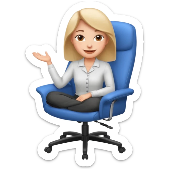 Woman having cartoon faced aligned in a chair in relaxing posture in an office chair and smiling sticker