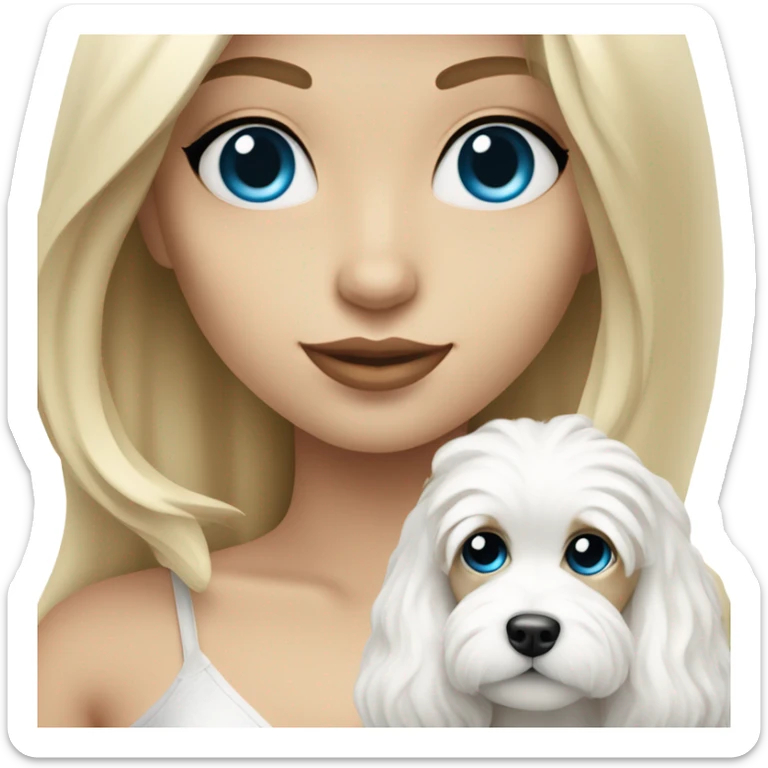 Blonde nightclub girl with blue eyes and long hair holding white cavachon dog sticker