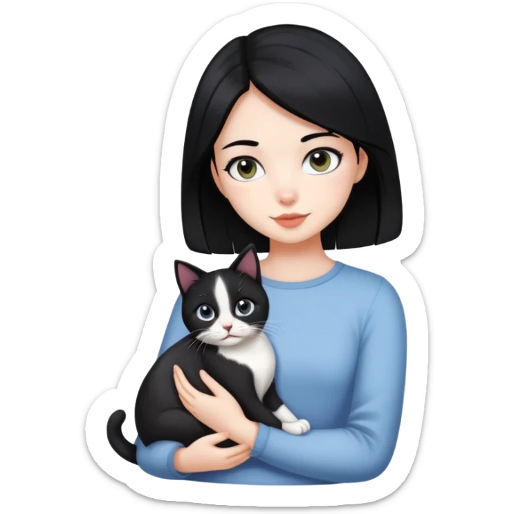A pretty girl with black hair holding her black and white cat sticker